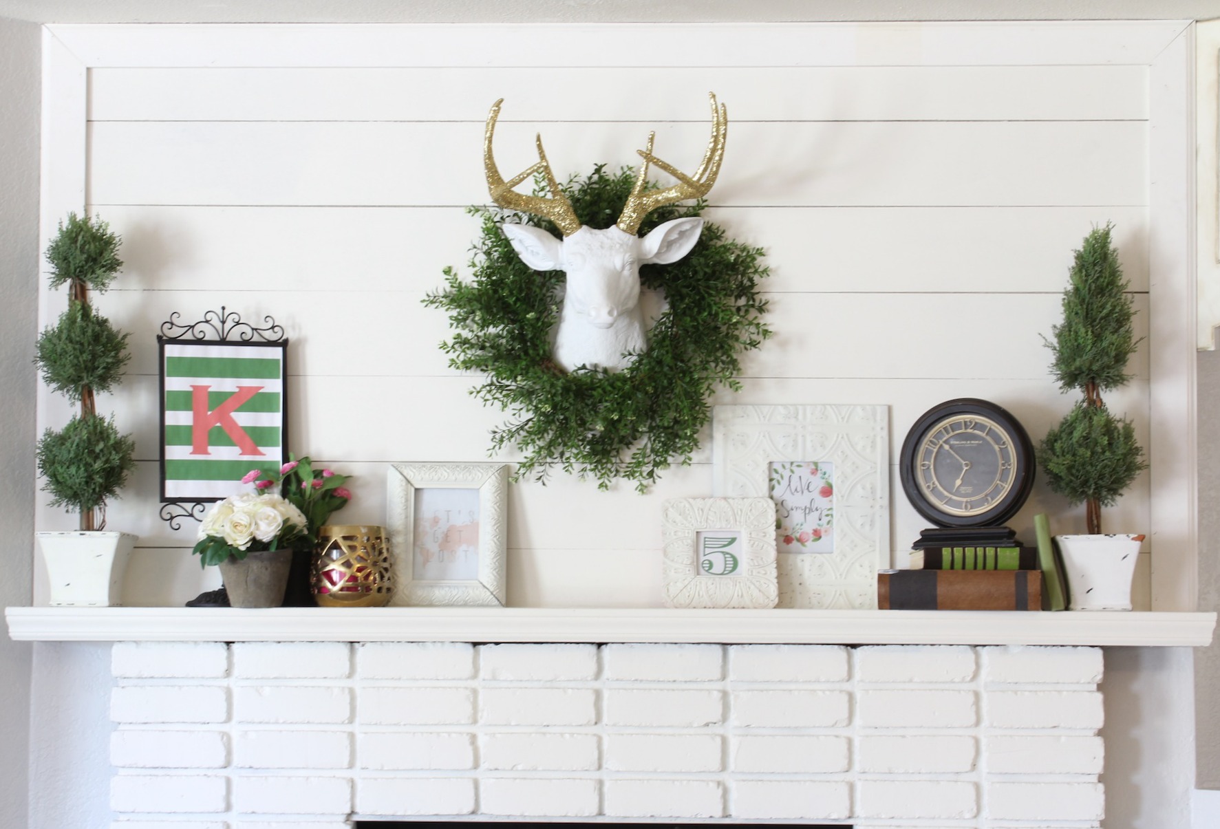 DIY Planked Mantle and White brick fireplace