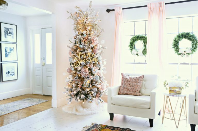 Flocked Christmas Tree with Pink and Gold Accents