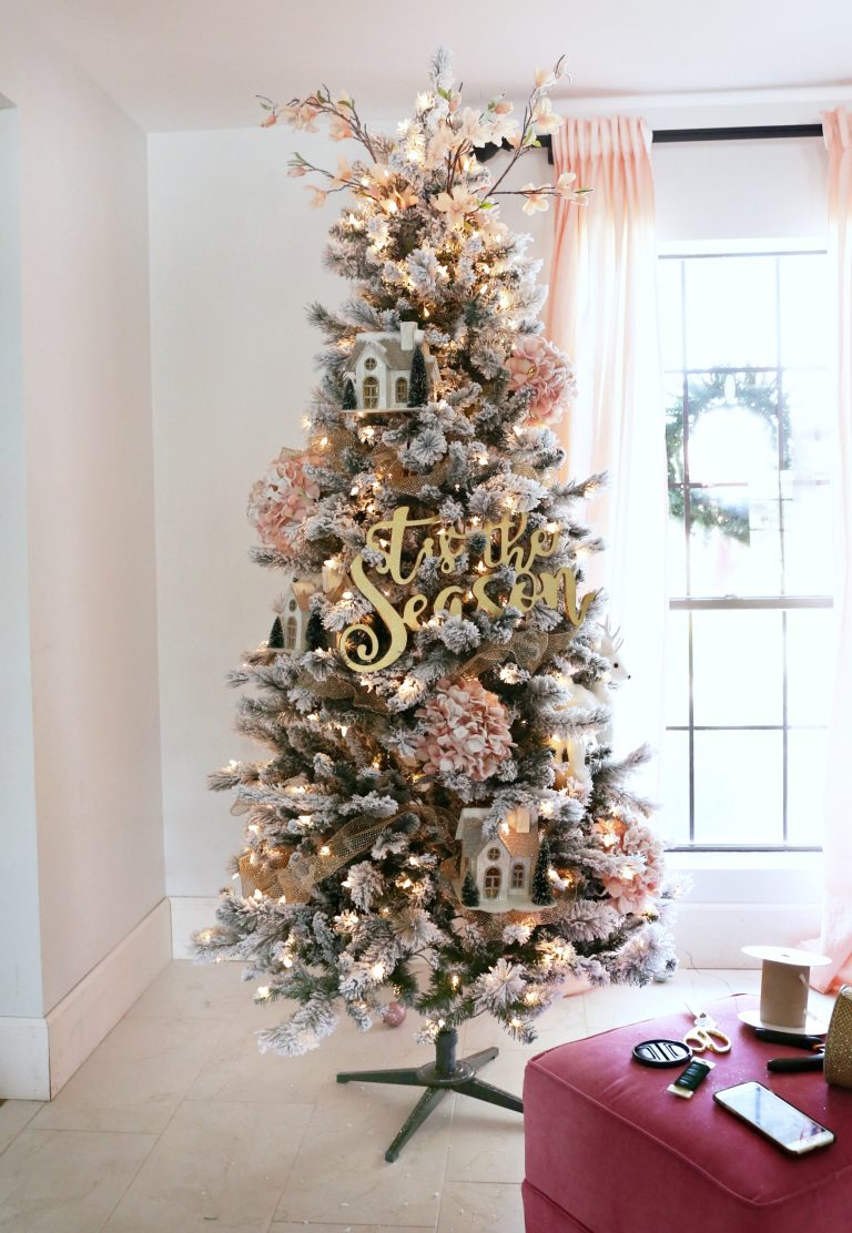 Flocked Christmas Tree with Pink and Gold Accents - Classy Clutter