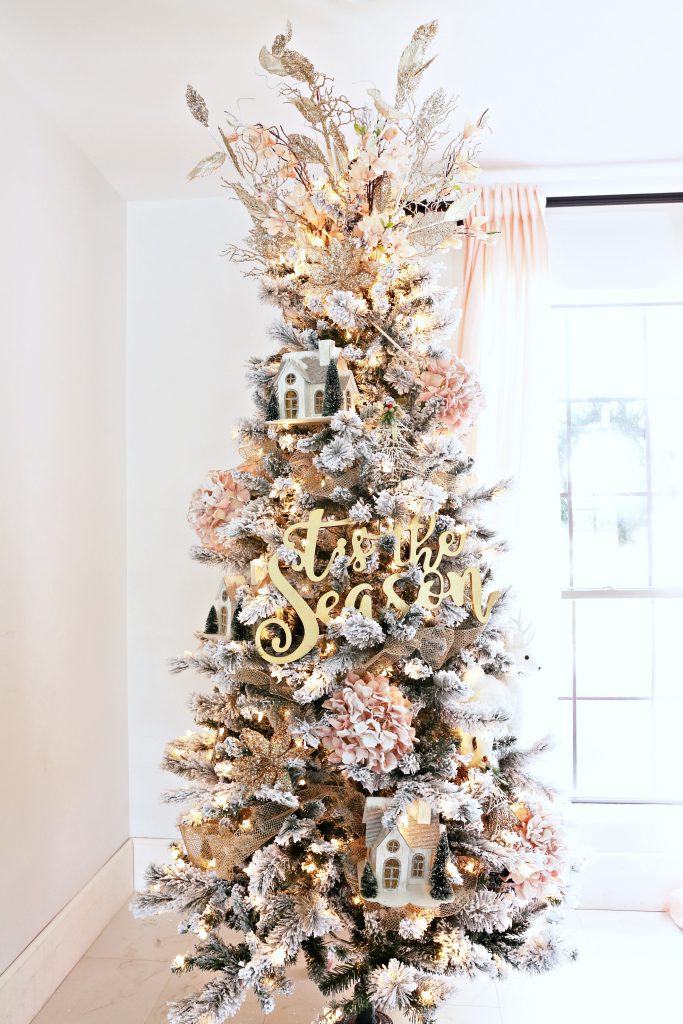 How to Trim out a Flocked Christmas Tree with Pink Accents