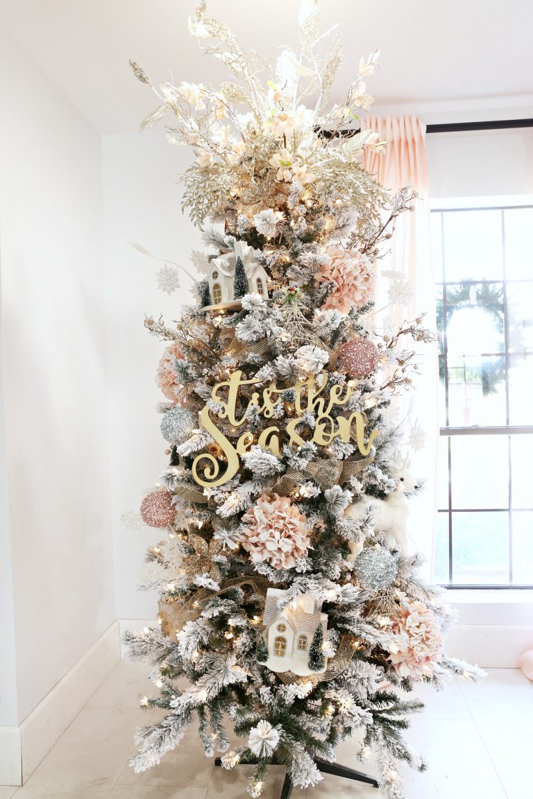 Flocked Christmas Tree with Pink and Gold Accents Classy Clutter