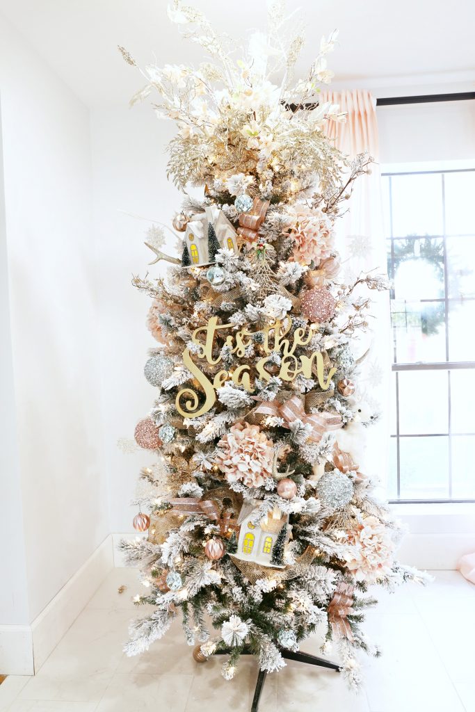 How to Trim out a Flocked Christmas Tree with Pink Accents